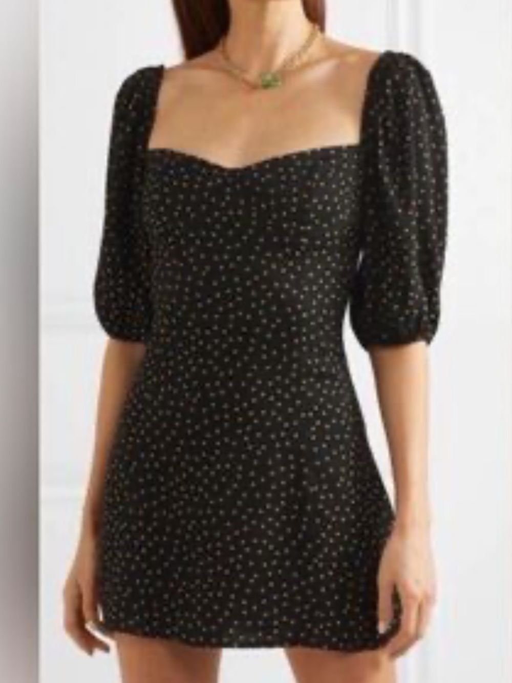 Reformation Black Mini Dress with Gold Polka Dots small